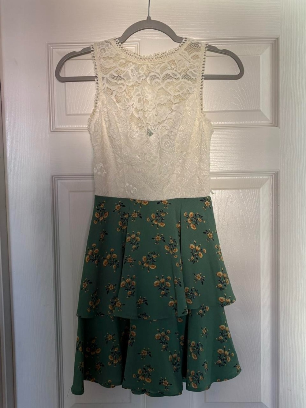 Lace Top with a Green Floral Tiered Skirt